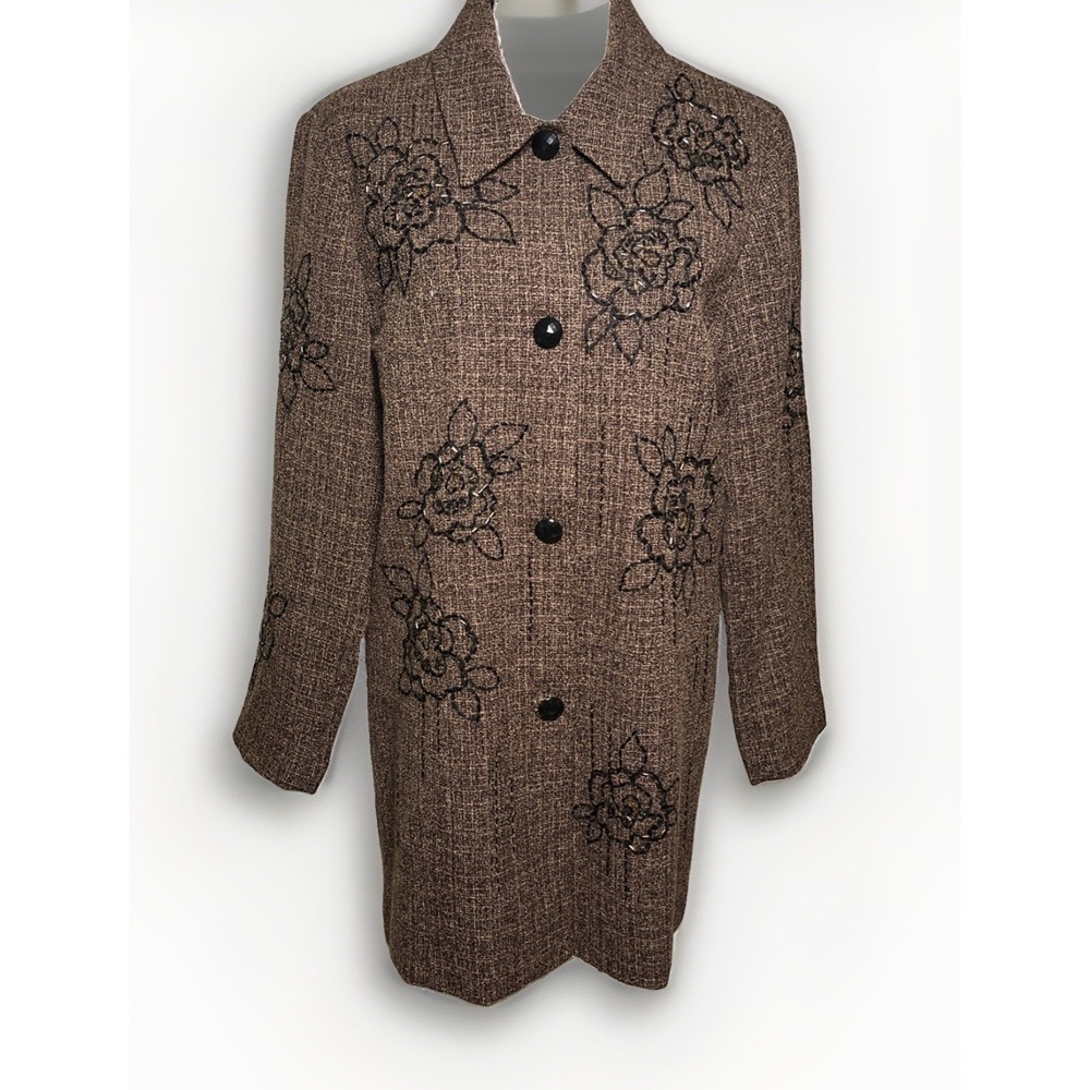 Vintage Victor Costa Ocassion Floral Embroidered Long Brown Blazer Womans Size L